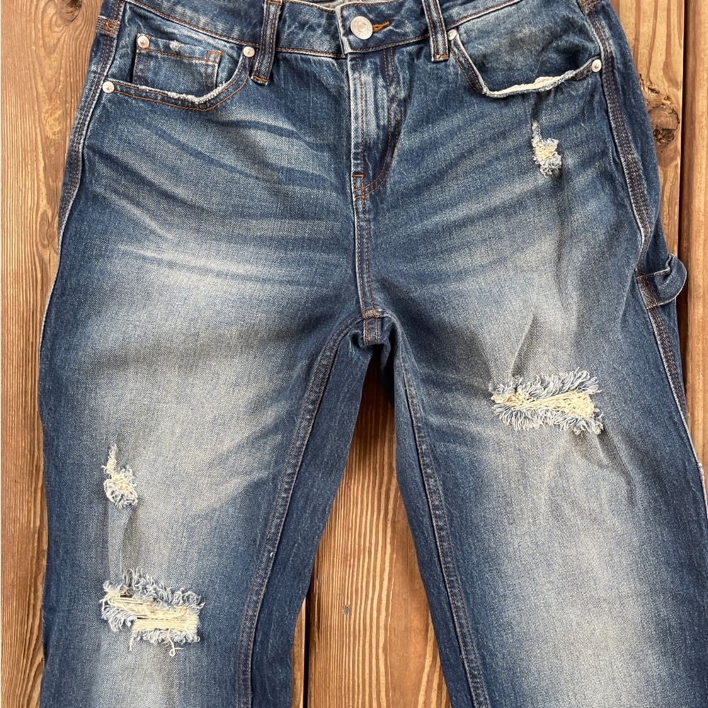 Cleo + Wolf High Rise Straight Carpenter Jeans Distressed Dark Wash 27x32 - Picture 4 of 13